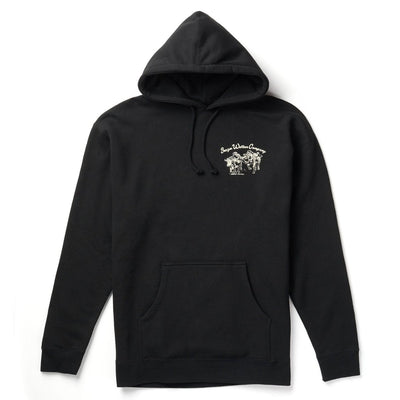 Close-up of Los Rios Black Hoodie showing Black hoodie with cream script text and horse graphic on chest, drawstring hood,