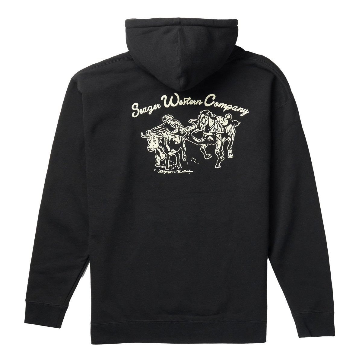 Los Rios front view, Black with cream script text and bucking horse illustration on front chest area, Black Hoodie -