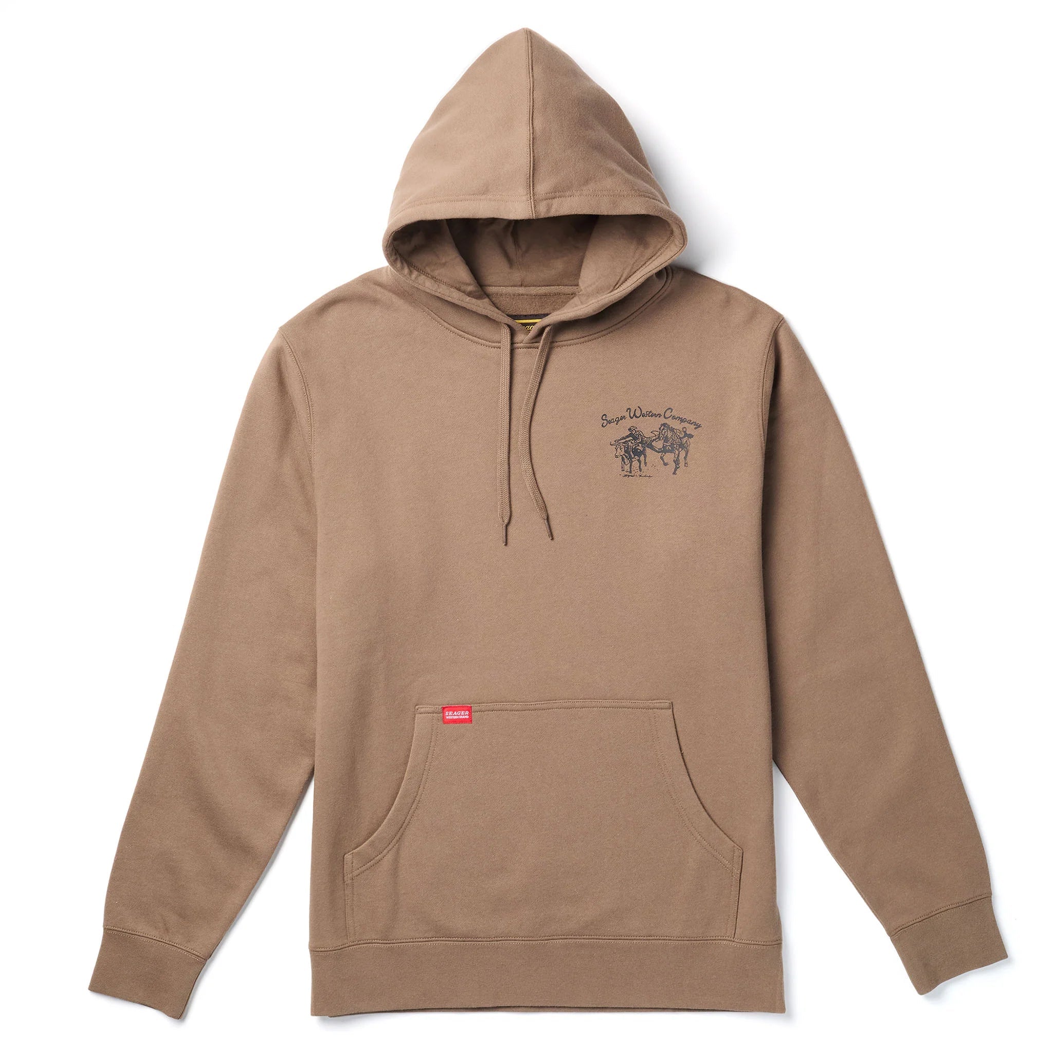Close-up of Los Rios Black Hoodie showing Tan hoodie with small embroidered script text and horse graphic on chest -