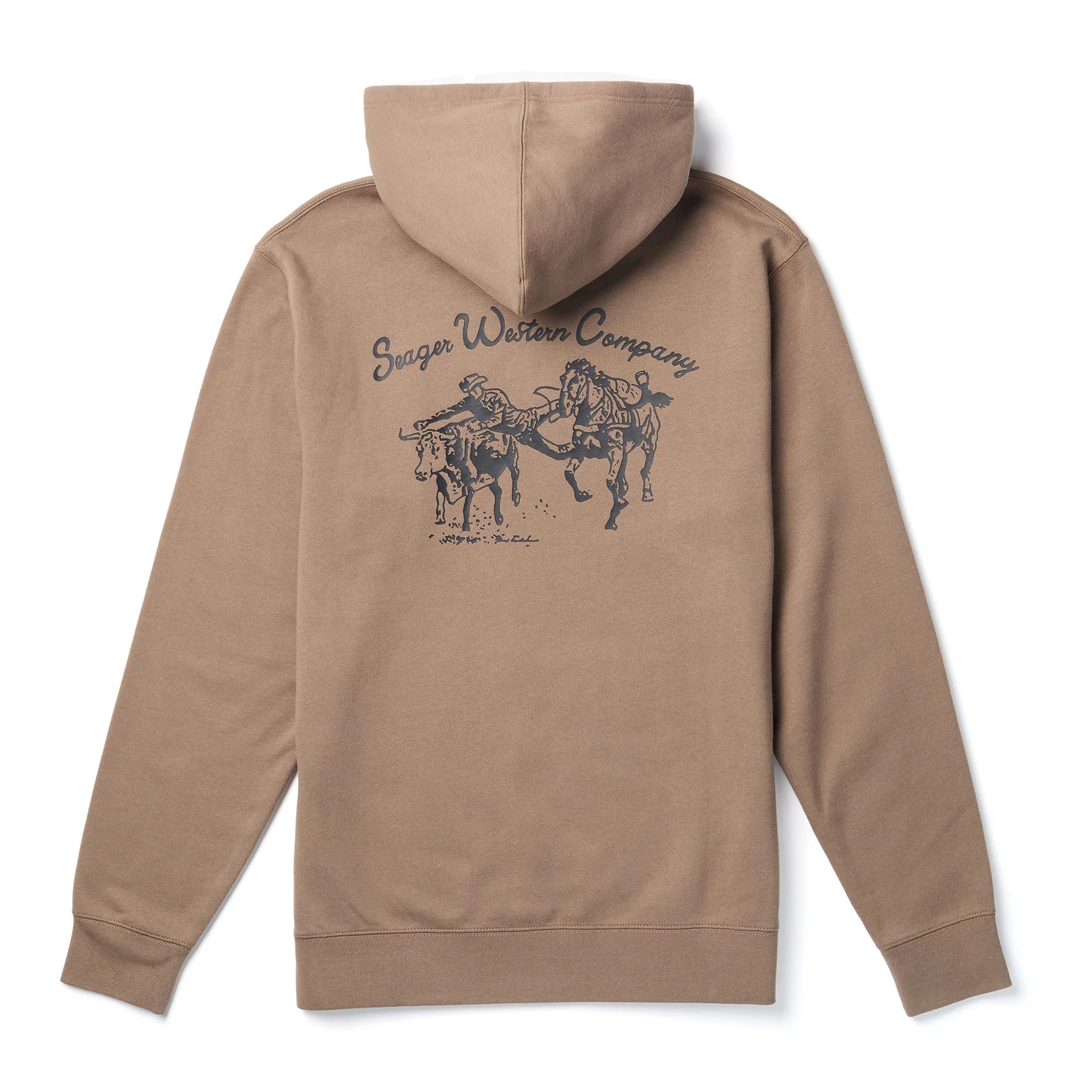 Back of Los Rios Black Hoodie, Tan with navy script "Sager Western Company" text and bucking horse graphic with rider below