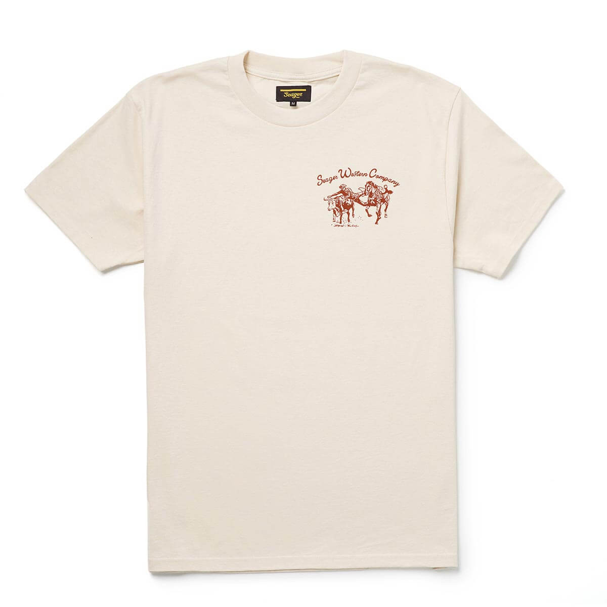 Close-up of Los Rios Vintage Black Tee showing Cream with rust-colored horse and rider graphic, embroidered text detail on