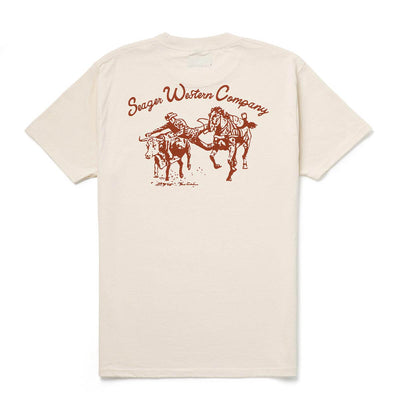 Los Rios front view, Cream with rust-red script text and bucking horse graphic, Vintage Black Tee - Slowride Supply