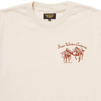 Close-up of Los Rios Vintage Black Tee showing Cream with rust-red bucking horse graphic and "Seager Western Company" script