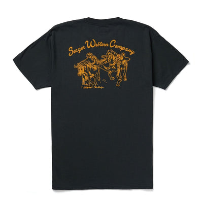 Back of Los Rios Vintage Black Tee, Black with gold Sager Western Company graphic featuring two horses and riders in