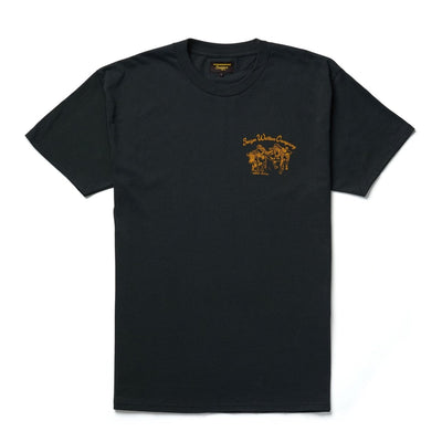 Close-up of Los Rios Vintage Black Tee showing Black tee with small gold embroidered chest graphic depicting two figures and