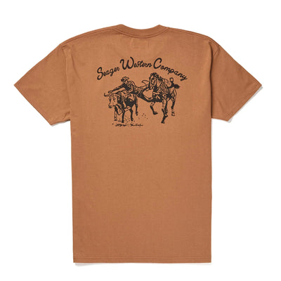 Close-up of Los Rios Vintage Black Tee showing Tan with black script text and cowboy on bucking horse graphic centered on