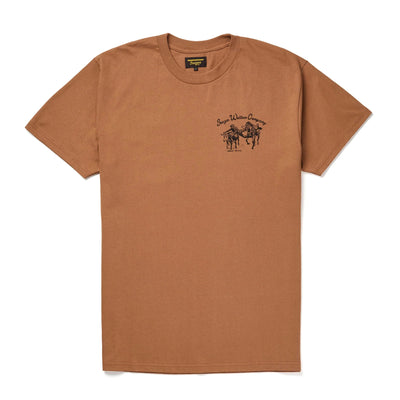 Close-up of Los Rios Vintage Black Tee showing Tan cotton tee with small embroidered horse and rider graphic on chest -
