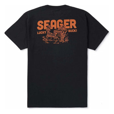 Lucky Buck front view, Black with orange "Seager Lucky Buck" text and deer-with-car graphic below, Black Tee - Slowride