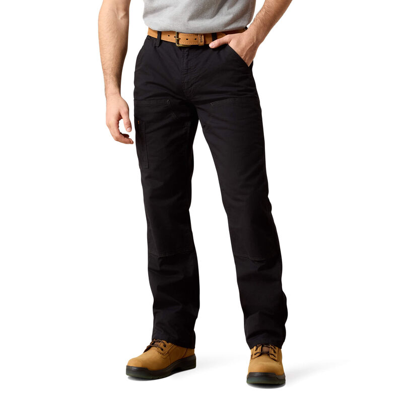 M4 Rebar Straight Leg Pants front view, Black straight-leg work pants with tan leather belt and visible stitching detail,