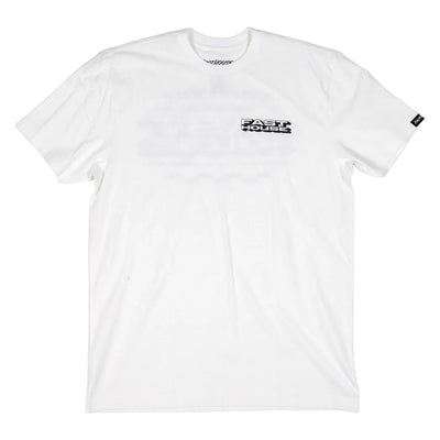 Close-up of Maintenance Black Tee showing White tee with black and white "Fast House" graphic on chest, small black label