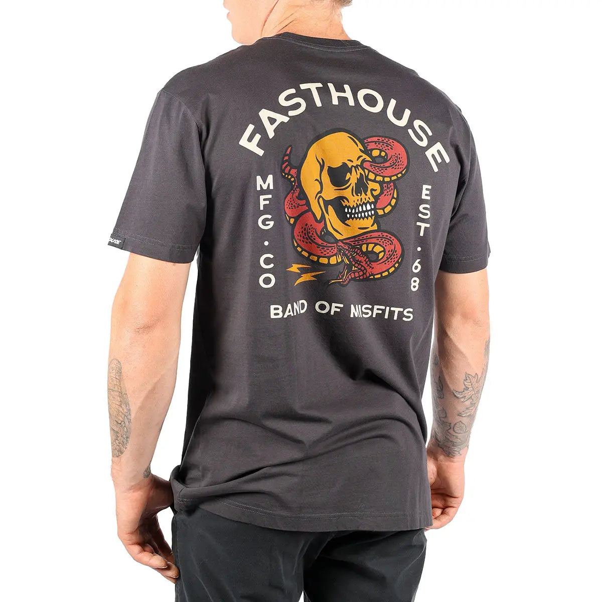 Back of Manasa Graphite Black Tee, Graphite black with cream text and yellow skull wrapped by red snake graphic, band of
