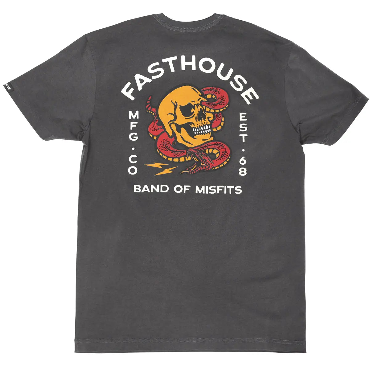 Manasa front view, Graphite black with white text reading "Fasthouse" and "Band of Misfits," yellow skull with red snake and