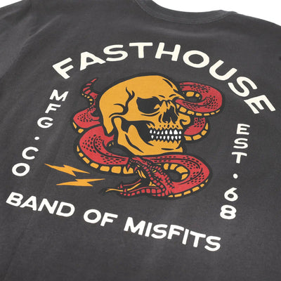 Close-up of Manasa Graphite Black Tee showing Yellow skull with red serpent coiled around it, lightning bolts, white