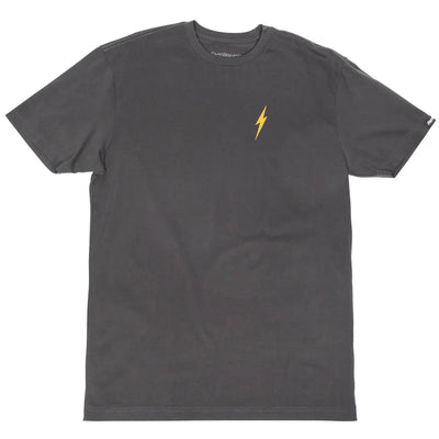 Close-up of Manasa Graphite Black Tee showing Crew neck tee with small gold lightning bolt embroidered on chest - Slowride