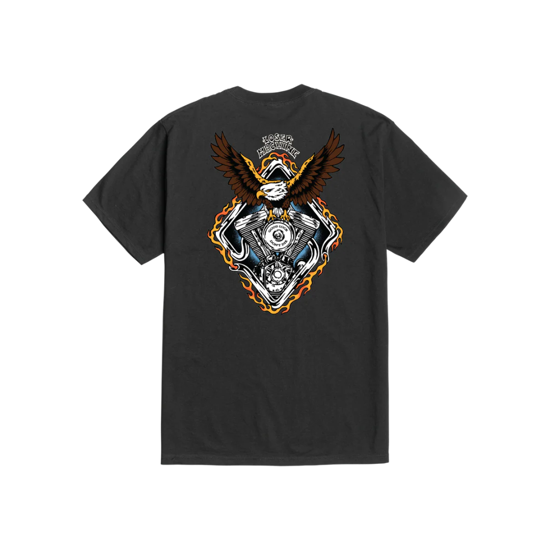 Master Cylinder front view, Black with eagle, engine motor graphic, orange and yellow flame border, white text above, Black