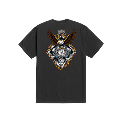 Master Cylinder front view, Black with eagle, engine motor graphic, orange and yellow flame border, white text above, Black