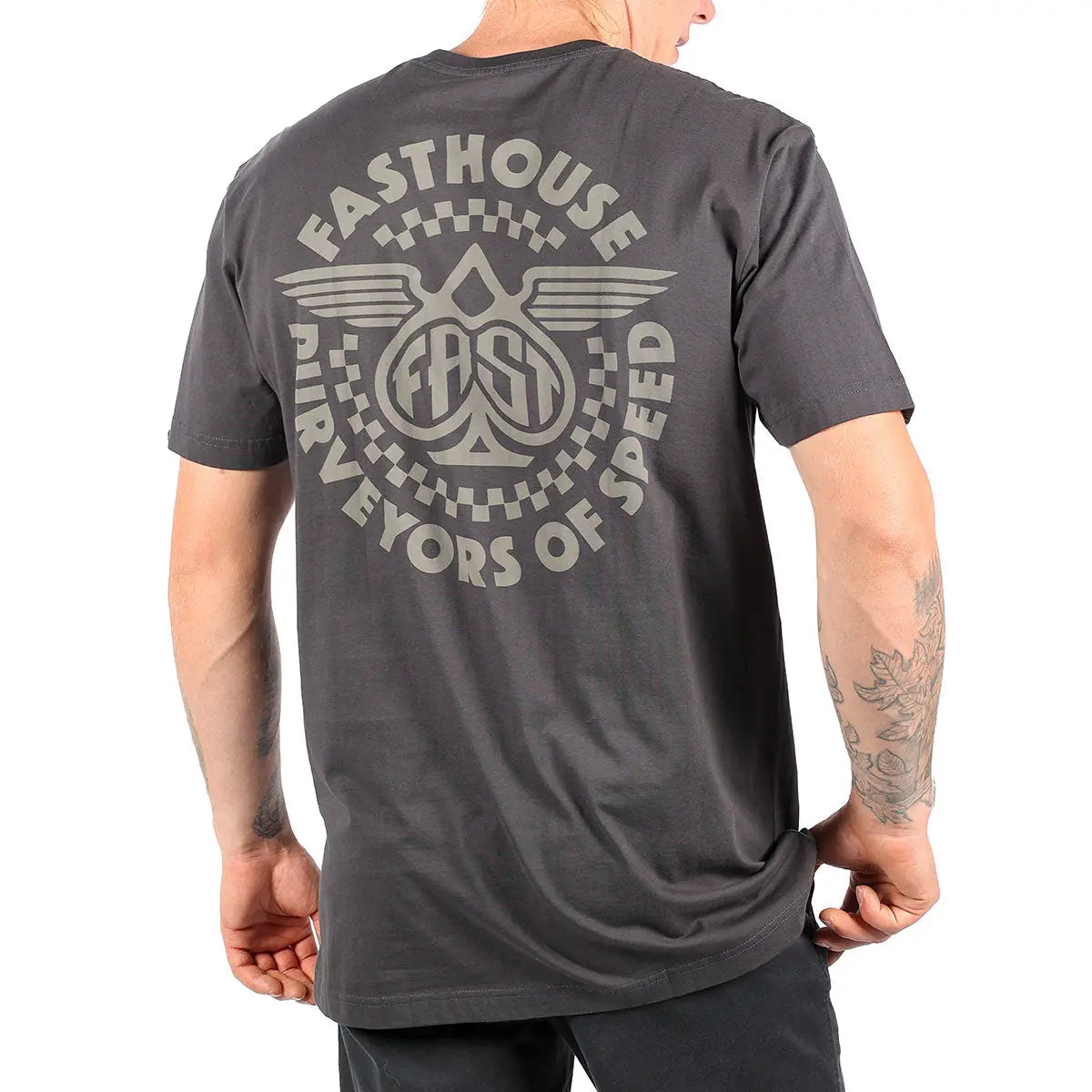 Back of Maverick Graphite Black Tee, Charcoal with tan winged spade graphic and "Fasthouse Purveyors of Speed" text in