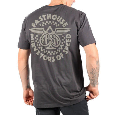 Back of Maverick Graphite Black Tee, Charcoal with tan winged spade graphic and "Fasthouse Purveyors of Speed" text in