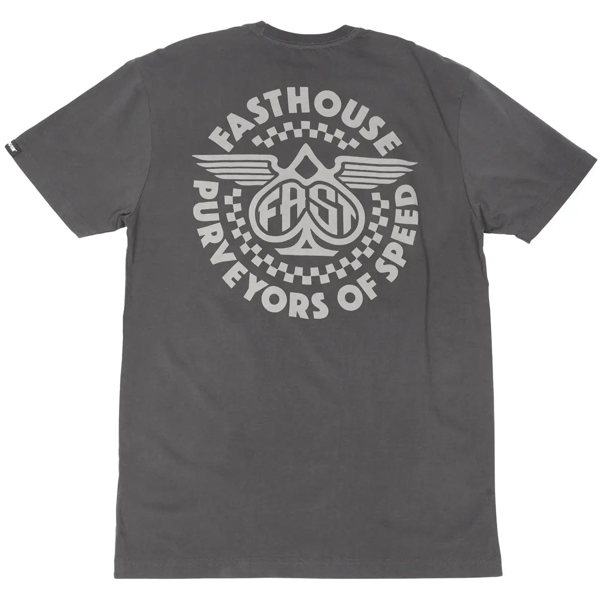 Maverick front view, Charcoal with gray winged spade graphic and "Fasthouse Purveyors of Speed" text in circular layout,