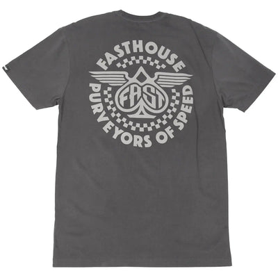 Maverick front view, Charcoal with gray winged spade graphic and "Fasthouse Purveyors of Speed" text in circular layout,