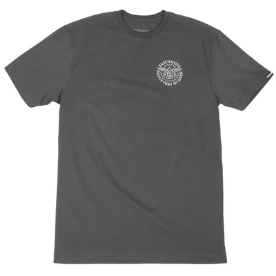 Close-up of Maverick Graphite Black Tee showing Charcoal tee with small white circular chest graphic featuring peace symbol