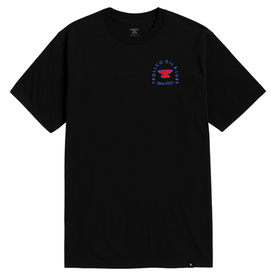 Close-up of Mens Drummer Girl Black Tee showing Small red logo centered on chest with blue circular text and "Since 2017"