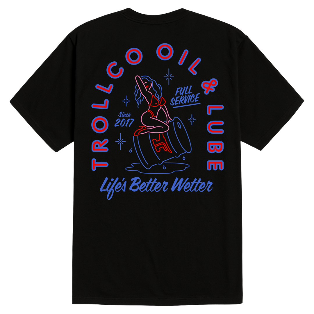 Mens Drummer Girl front view, Black with red and blue neon-style graphic featuring figure in barrel, text reading "Trolley