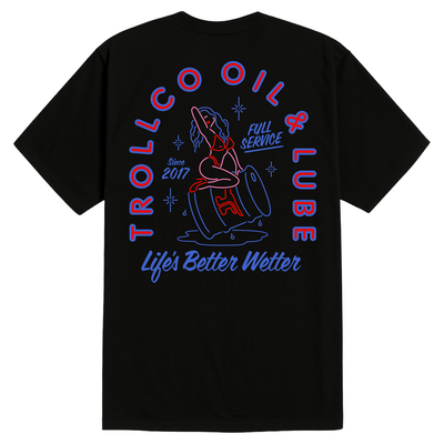 Mens Drummer Girl front view, Black with red and blue neon-style graphic featuring figure in barrel, text reading "Trolley