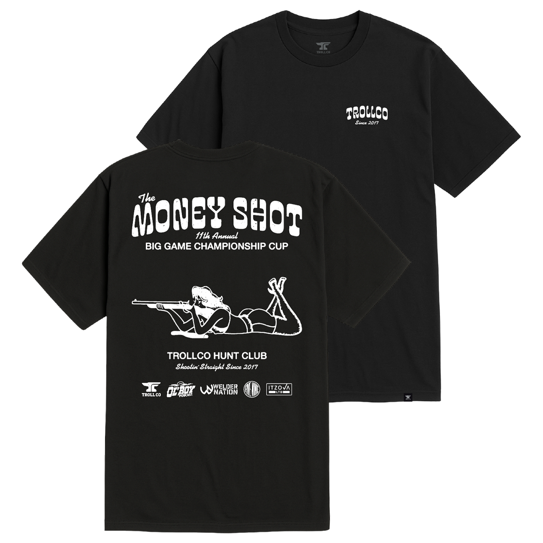 Close-up of Mens Money Shot Black Tee showing Black tee with white "The Money Shot" text, 11th Annual Big Game Championship
