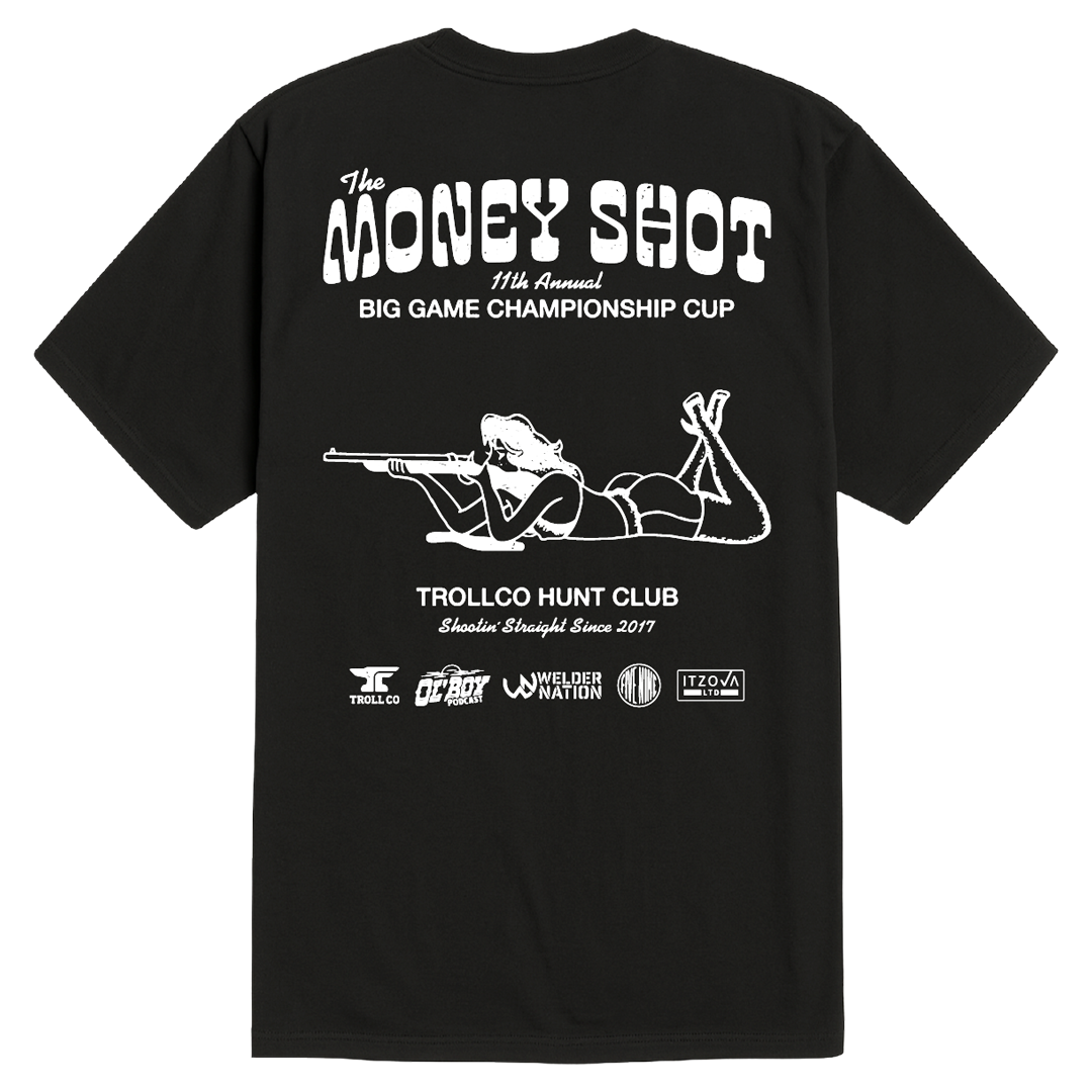Mens Money Shot front view, Black with white distressed lettering and hunter rifle graphic, event details below, Black Tee -