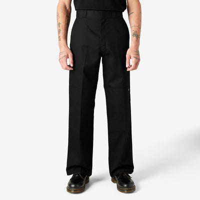 Person wearing Mens Twill Double Knee Work Pant (85283) Pants Dark Brown Pants, Black twill work pants with double knee