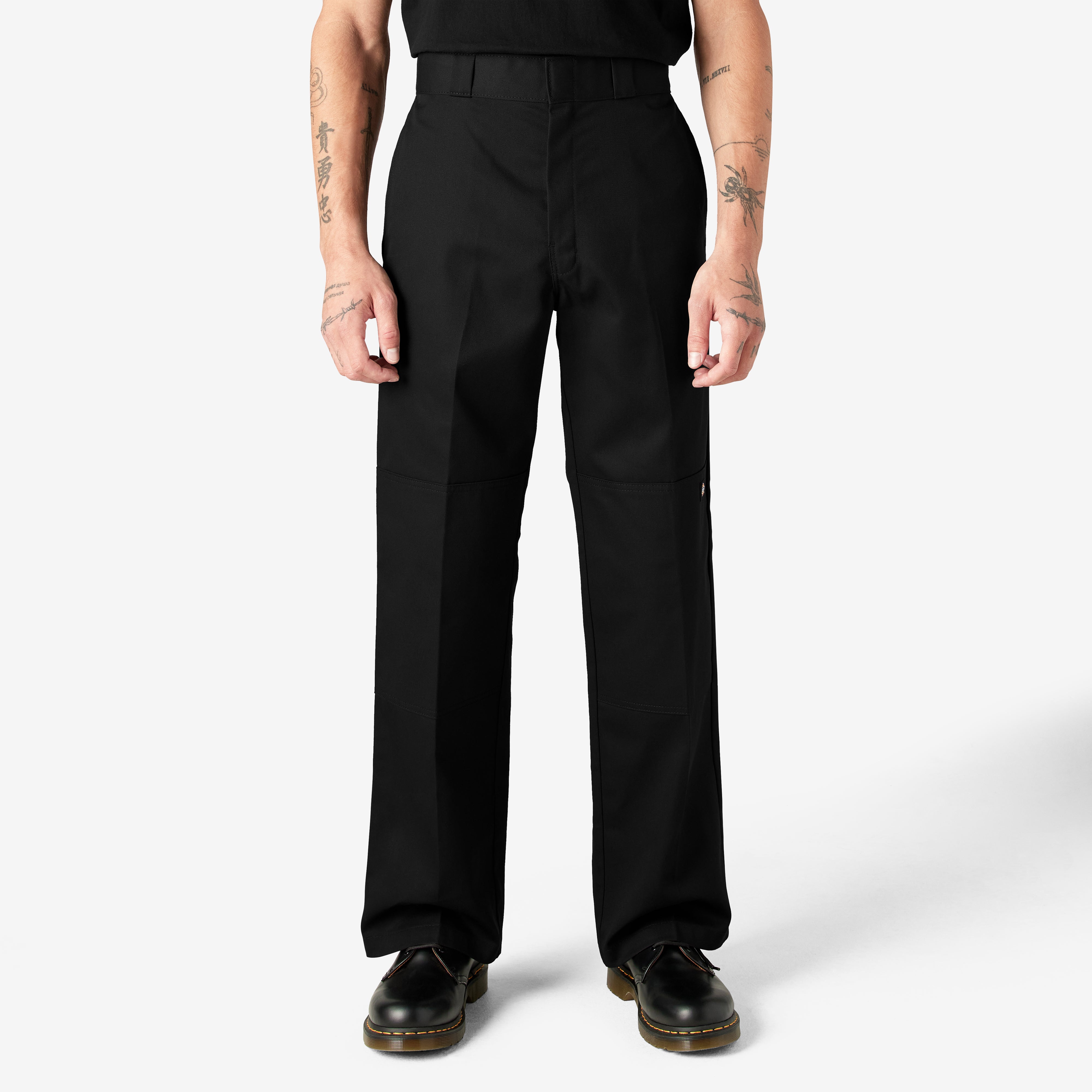 Person wearing Mens Twill Double Knee Work Pant (85283) Pants Dark Brown Pants, Black twill work pants with double knee