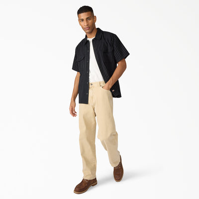 Person wearing Mens Worn in Lightweight Work Shirt S/S Woven Black S/S Woven, Man wearing black pinstriped shirt styled