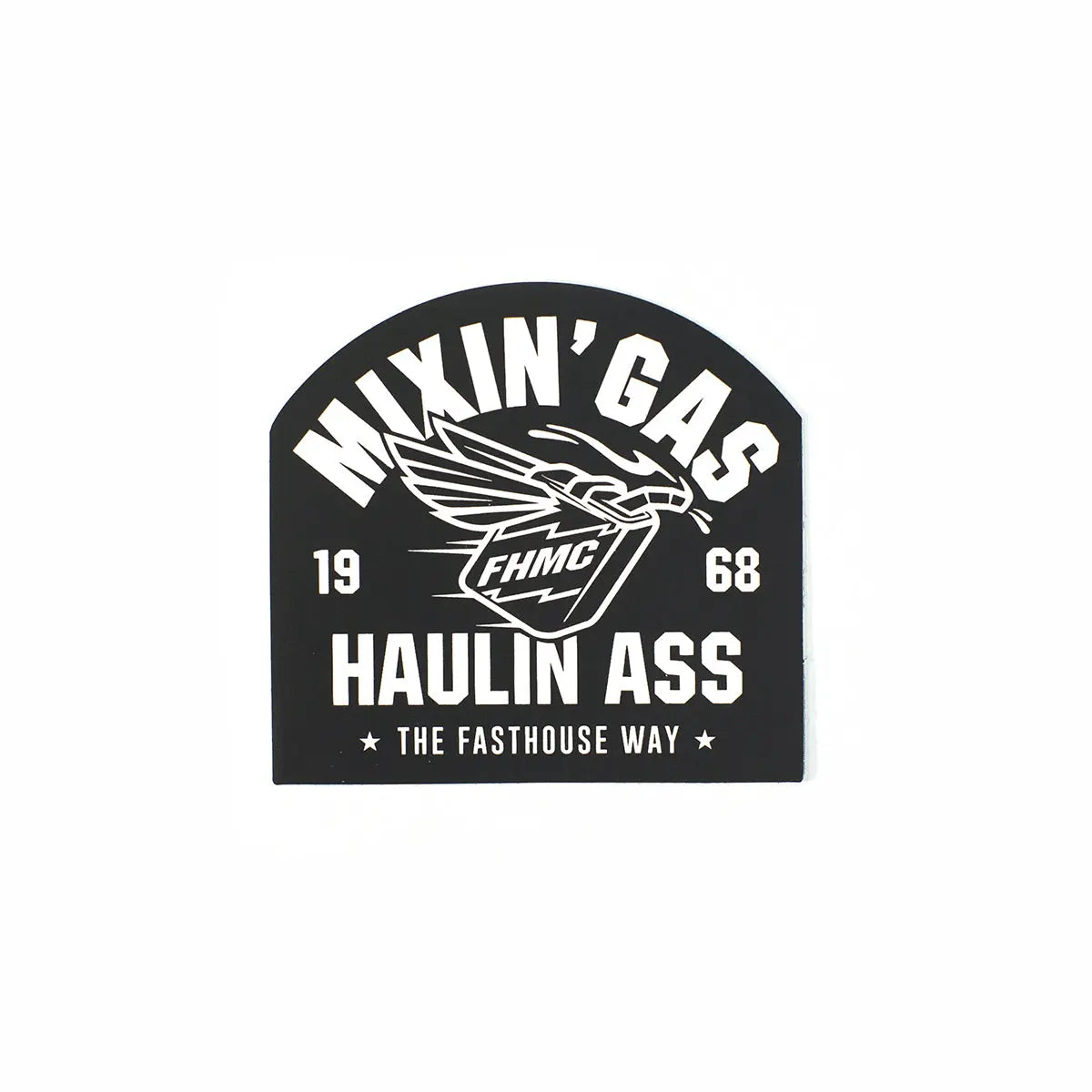 Mixin Gas Sticker Accessory front view, Black arched sticker with white type, winged piston graphic, and "19 68" year