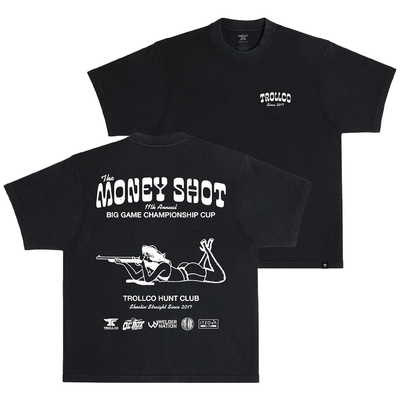 Close-up of Money Shot Heavyweight Tee showing Black cotton with white front chest logo and expansive back graphic featuring
