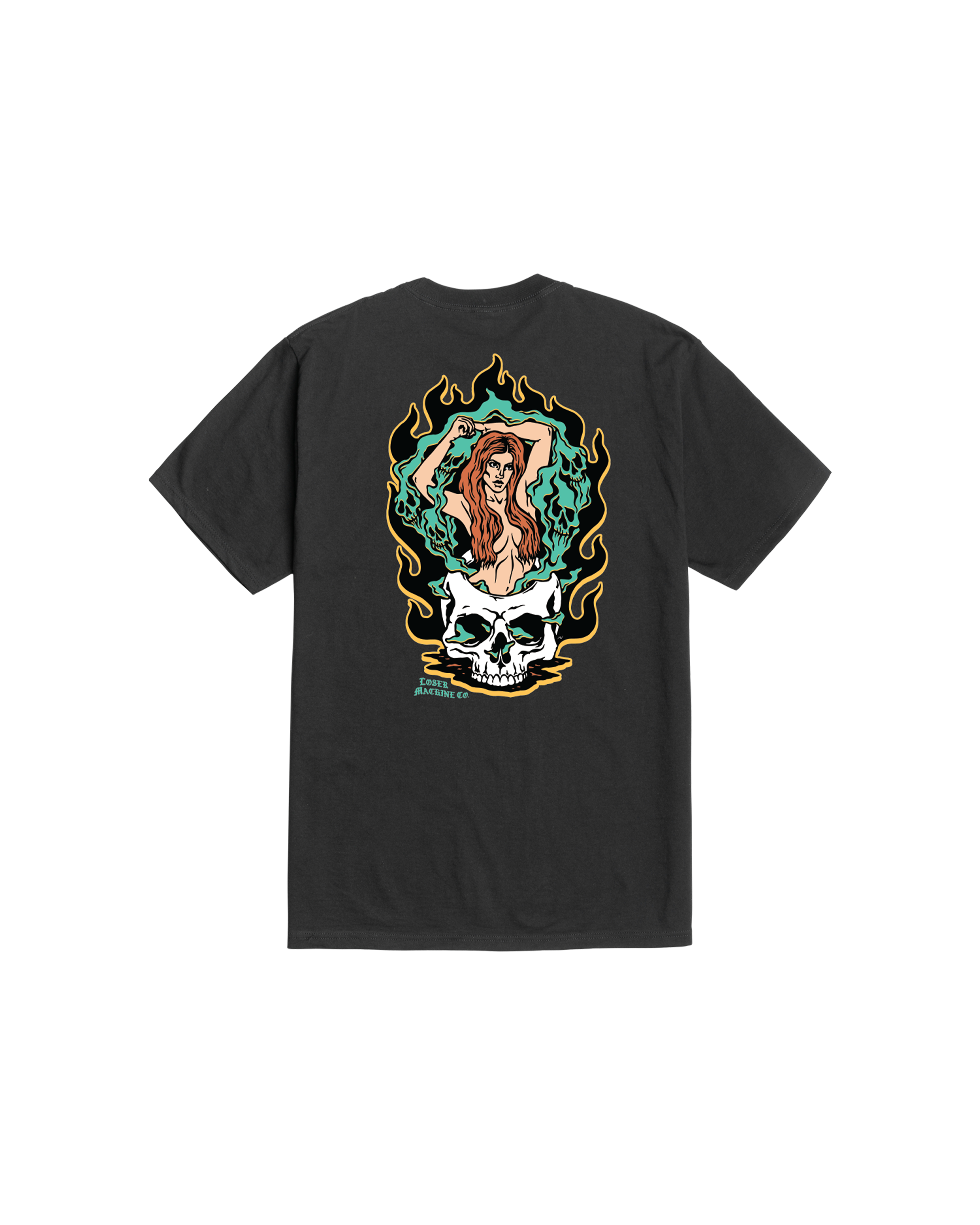 Mystic Woman front view, Black with woman portrait and skull graphic, gold and teal flames, small text logo lower left,