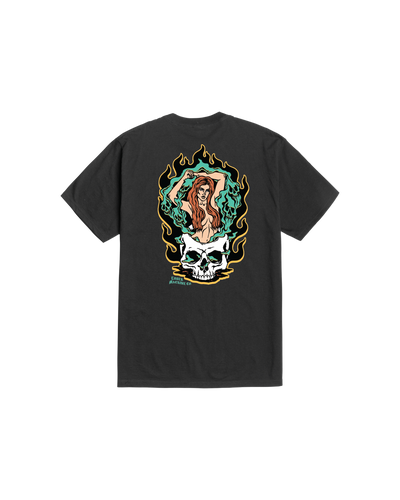 Mystic Woman front view, Black with woman portrait and skull graphic, gold and teal flames, small text logo lower left,