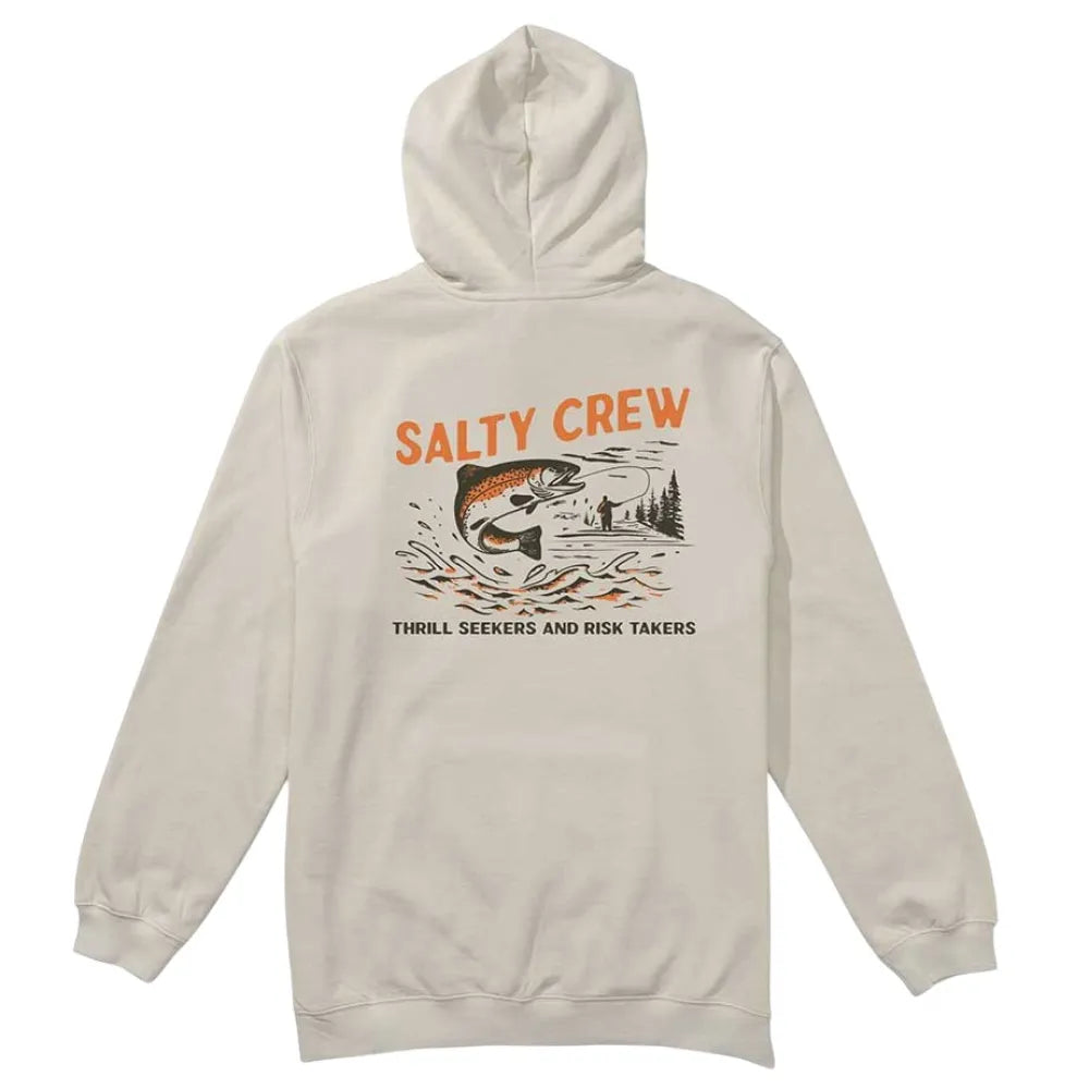 Nature Vibes Fleece front view, Bone with orange "Salty Crew" text and jumping fish graphic with forest scene, Bone Hoodie -