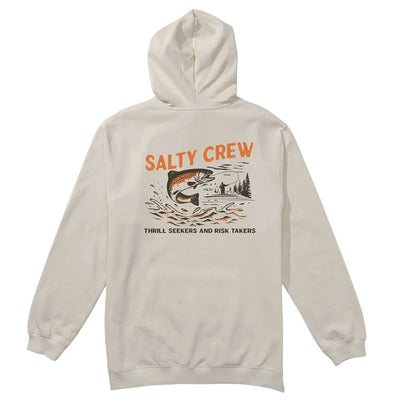 Nature Vibes Fleece front view, Bone with orange "Salty Crew" text and jumping fish graphic with forest scene, Bone Hoodie -