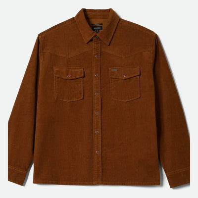 New West Relaxed Overshirt Washed Copper Cord front view, Washed copper corduroy with spread collar, front snap placket, and