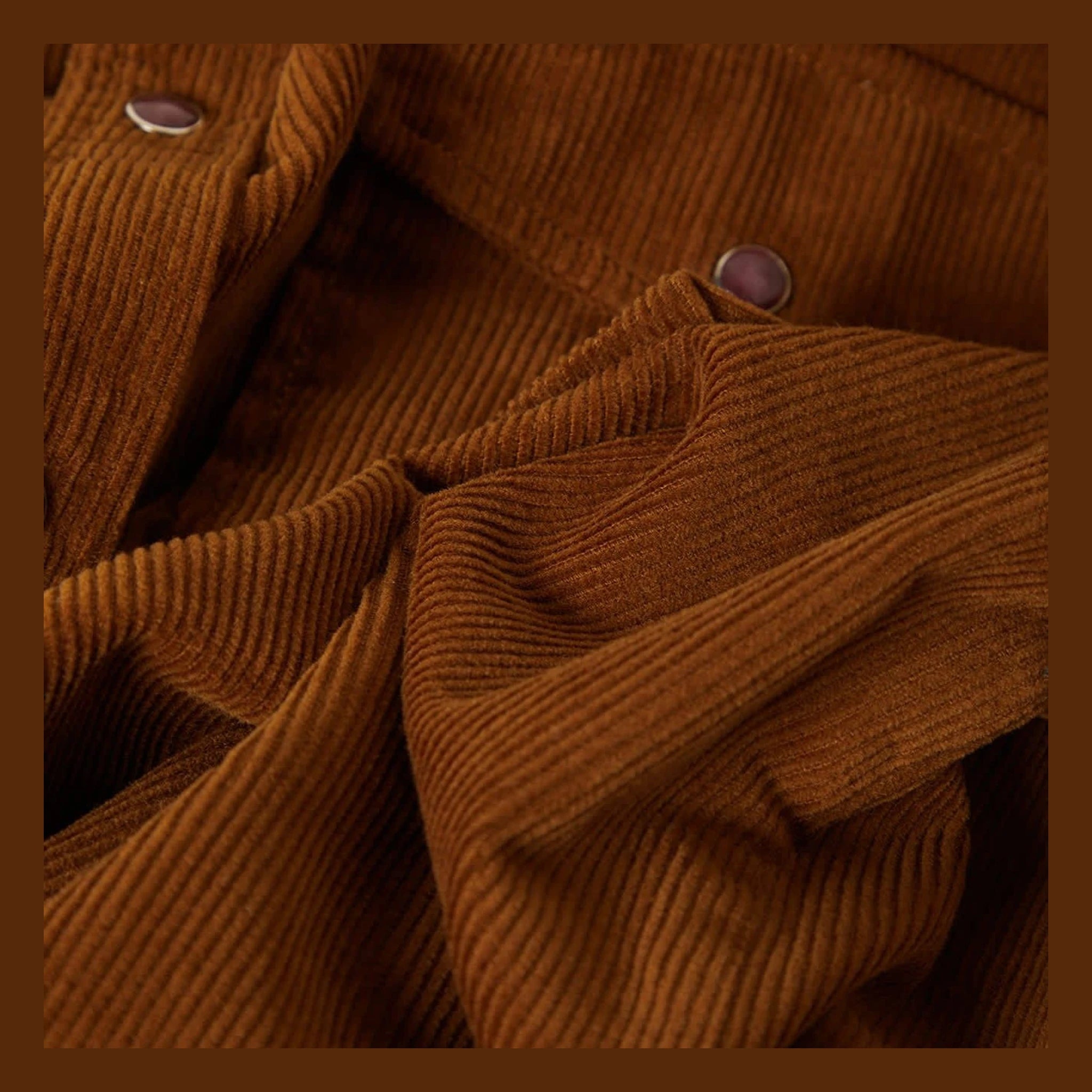 Close-up of New West Relaxed Overshirt Washed Copper Cord Jacket showing Washed copper corduroy with vertical ribbed texture