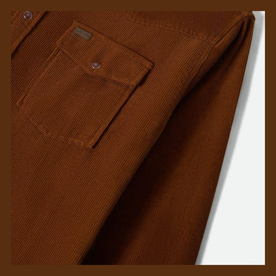 Close-up of New West Relaxed Overshirt Washed Copper Cord Jacket showing Copper corduroy fabric with fine ribbed texture and