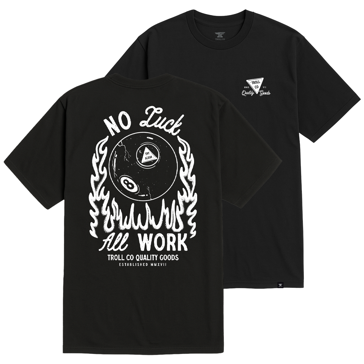 Back of No Magic Black Tee, Black with white eight-ball and flame graphic, "No Luck All Work" text - Slowride Supply
