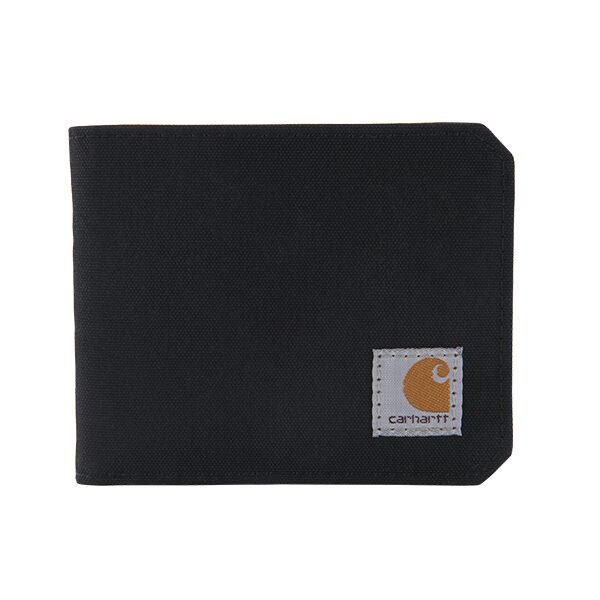 Back of Nylon Duck Bifold Wallet Accessory Brown Accessory, Black nylon with small woven label patch and tan logo detail -
