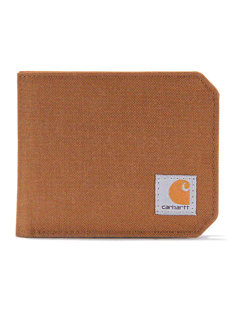 Nylon Duck Bifold Wallet Accessory front view, Brown canvas with woven texture and small sewn label patch on lower right