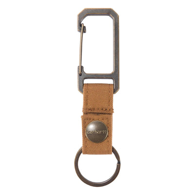 Nylon Duck Key Keeper Accessory front view, Grey metal carabiner with tan canvas strap and embossed circular rivet detail,