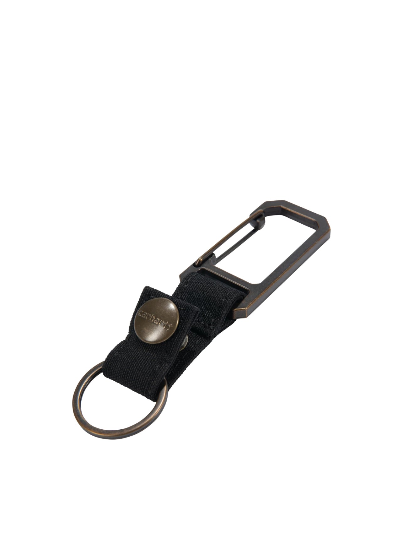 Close-up of Nylon Duck Key Keeper Accessory Grey Accessory showing Black nylon webbing with aged bronze carabiner clip,