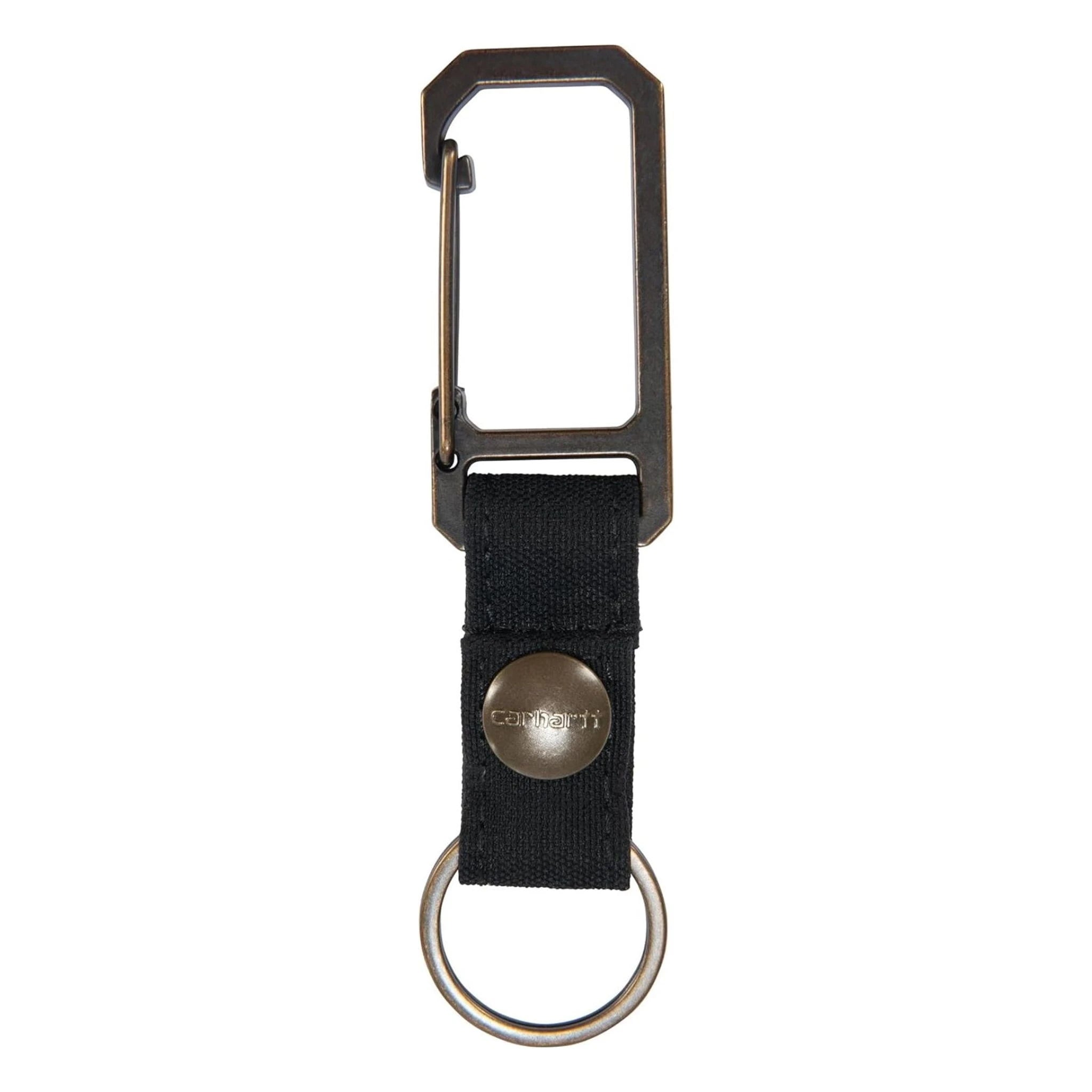 Close-up of Nylon Duck Key Keeper Accessory Grey Accessory showing Black nylon strap with brass snap button and metal