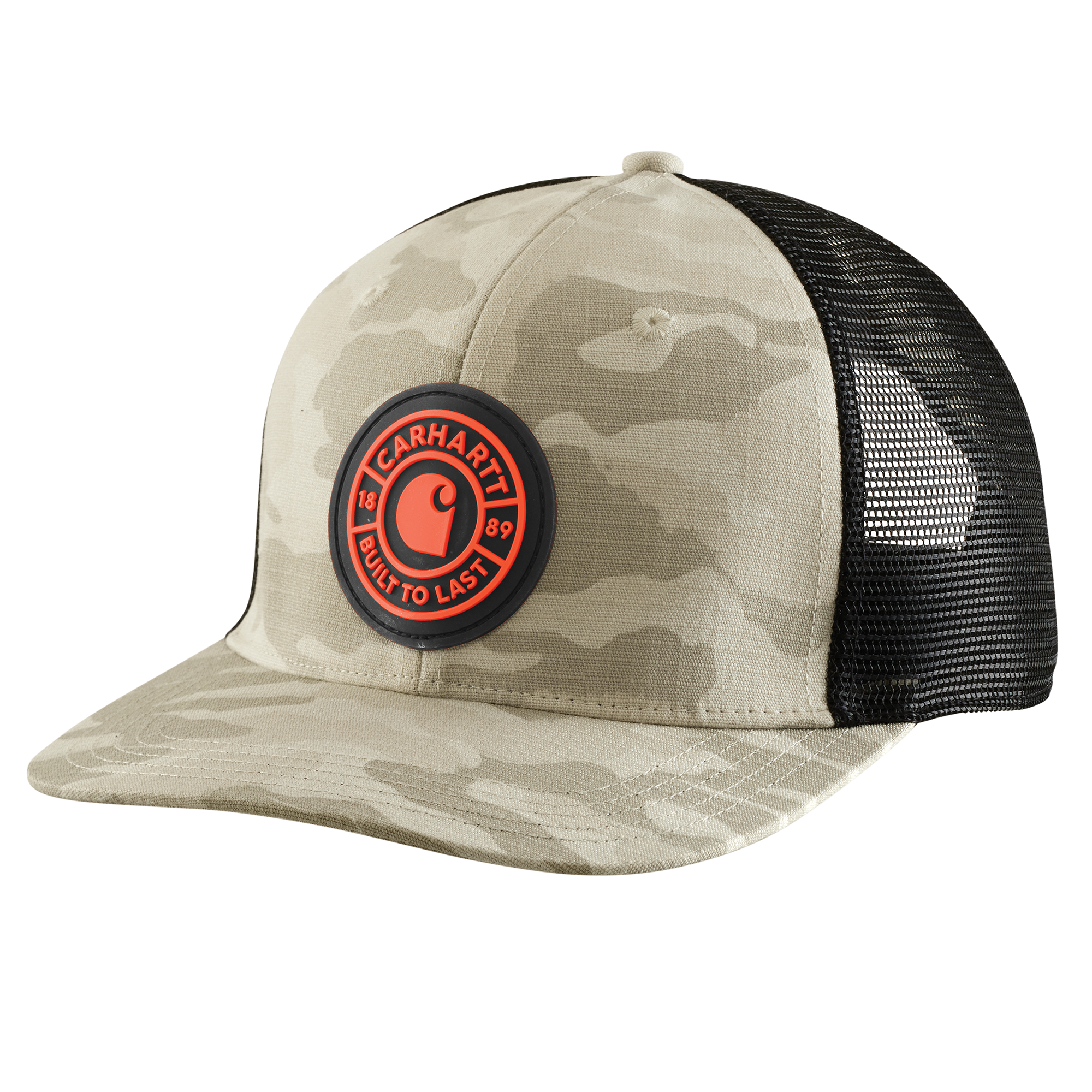 Oakland Built Camo Cap Apparel front view, Army green camo front with red and black circular patch logo, Army Green Camo