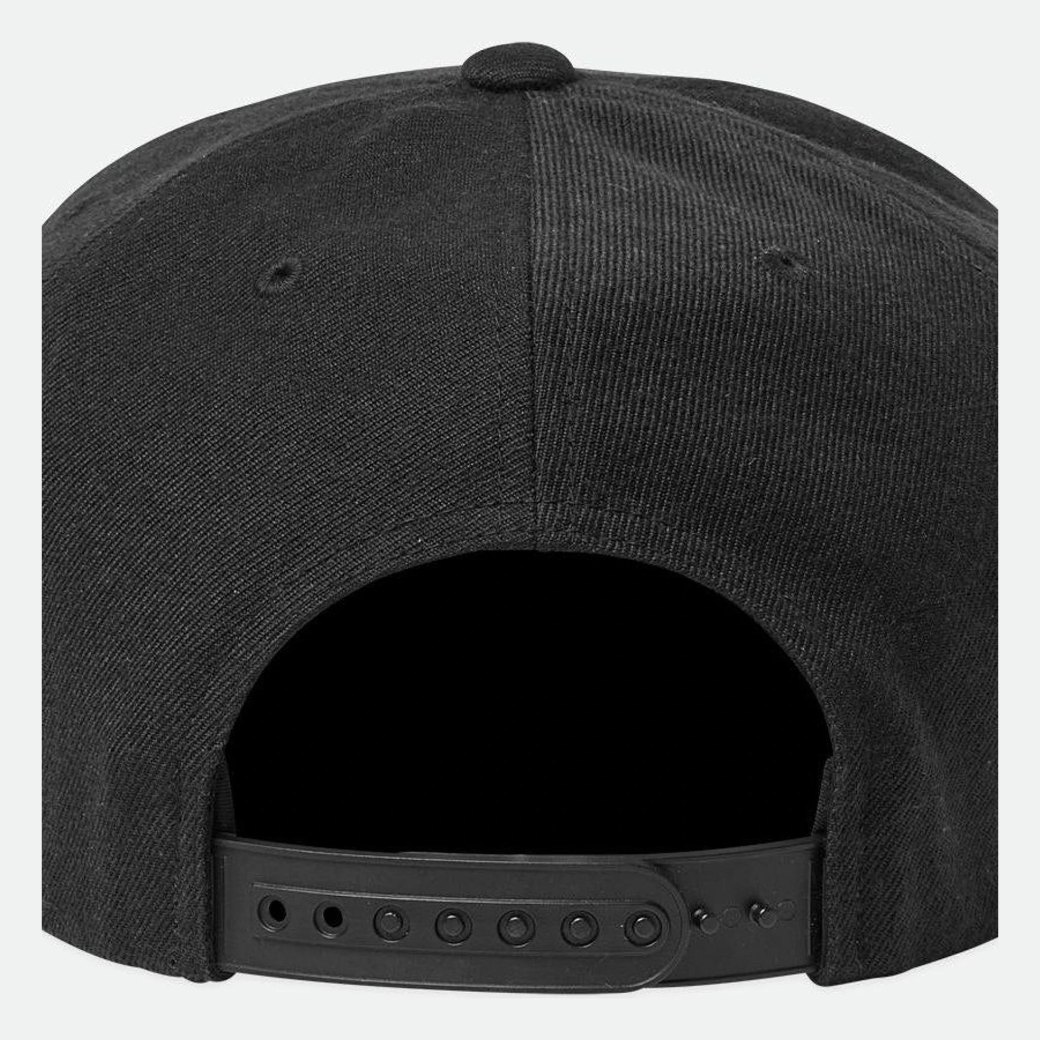 Close-up of Oath III Snapback Khaki/primal Green Hat showing Charcoal wool blend with ribbed panels and black plastic